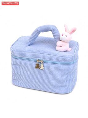 Cute Corduroy Makeup Bag with Bear Charm, Large Cosmetic Organizer, Travel